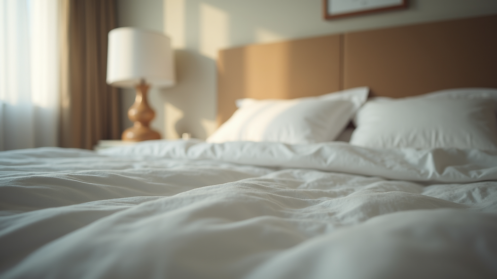 Eye-level view of a bedroom with a neatly made bed and soft lighting