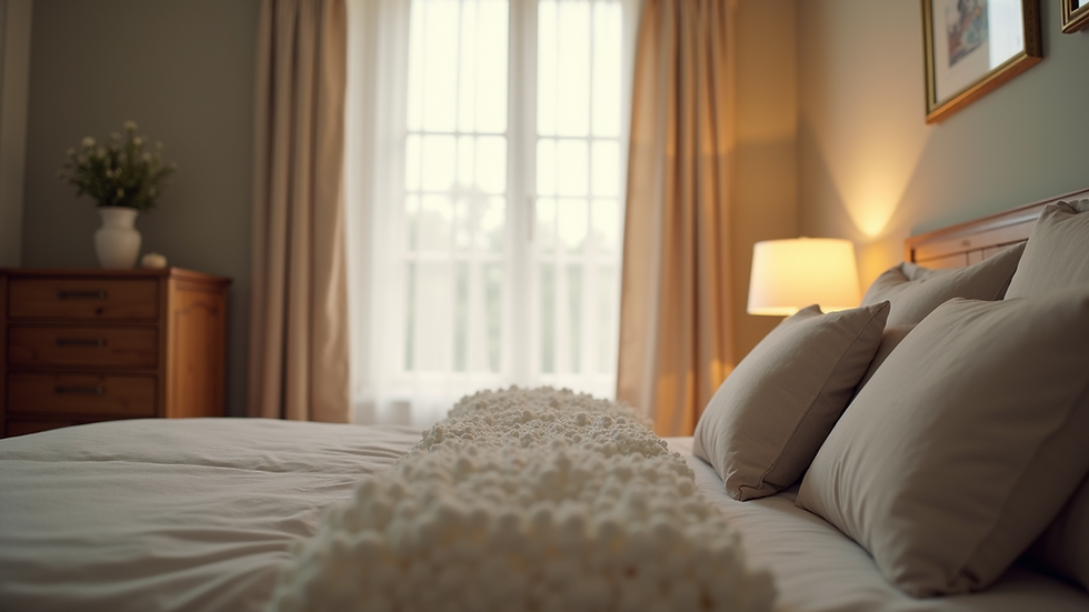 Eye-level view of a cozy bedroom with soft lighting