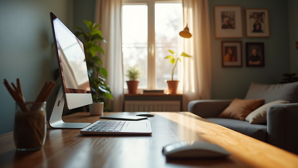 Eye-level view of a cozy home office for online support