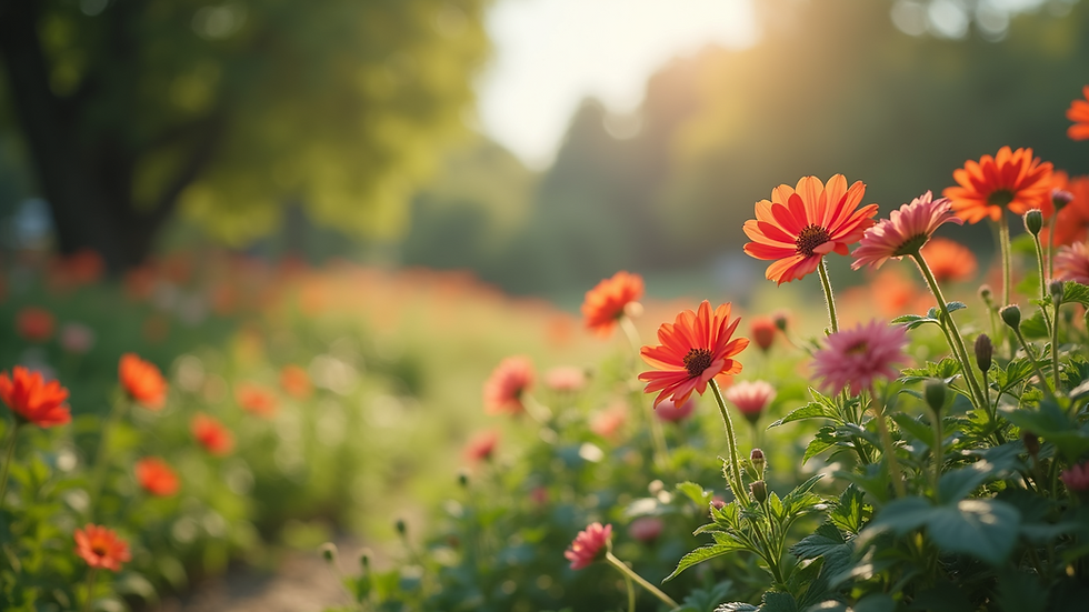 Wide angle view of a serene outdoor garden with blooming flowers