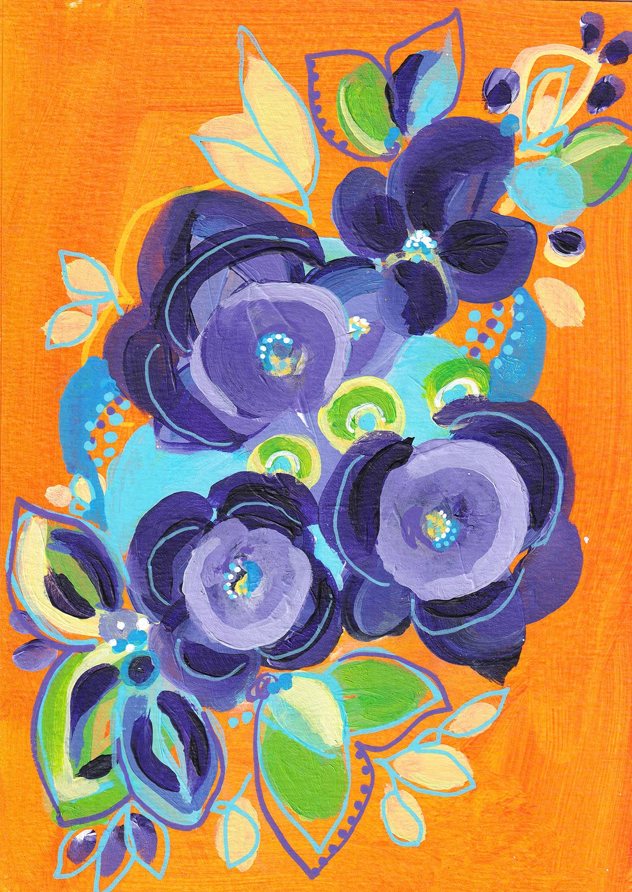 Bright colour pop floral ORIGINAL painting A5 small orange purple happy