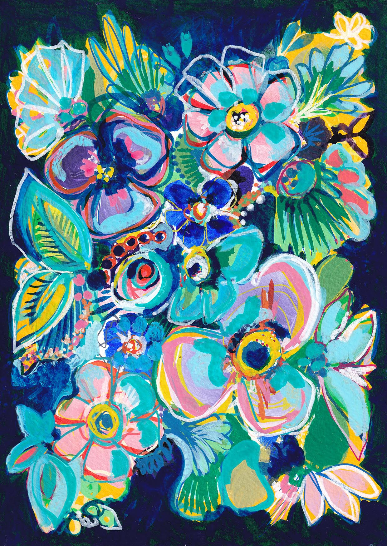 Bright colour pop floral ORIGINAL painting A5 small navy teal blush flowers