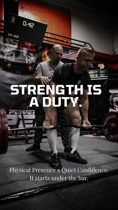 man deadlift during powerlifting meet with the words strength is a duty overlaying the picture