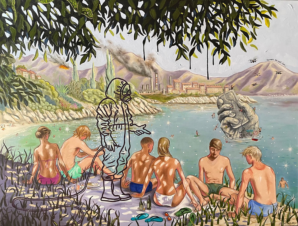 Painting of a surreal picnic in the Calanques with dystopian elements in background.