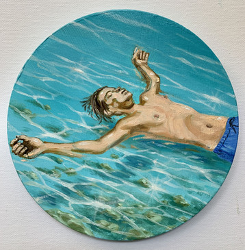 LES CALANQUES is a round painting of a man floating in the southern french sea by Robert Inestroza