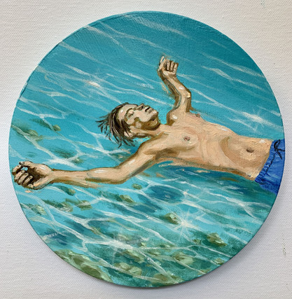 LES CALANQUES is a round painting of a man floating in the southern french sea by Robert Inestroza