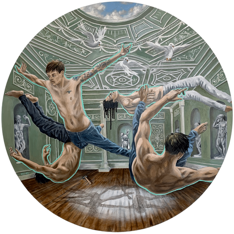 Les reveurs is a large round painting of floating bodies in a museum by Robert Inestroza