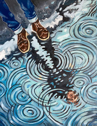 semi-abstract oil painting of a reflection disrupted by raindrops on a city puddle
