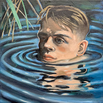A painting of a young man emerging from water with ripples and reflections.