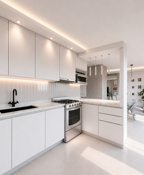 Diseño de cocina moderna en tonos claros, con mobiliario a medida.