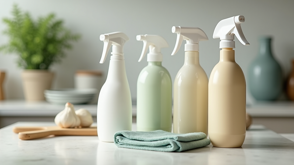 Close-up view of eco-friendly cleaning products on a kitchen counter