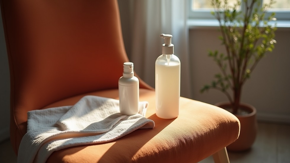 High angle view of a cleaning solution bottle and cloth on a velvet chair