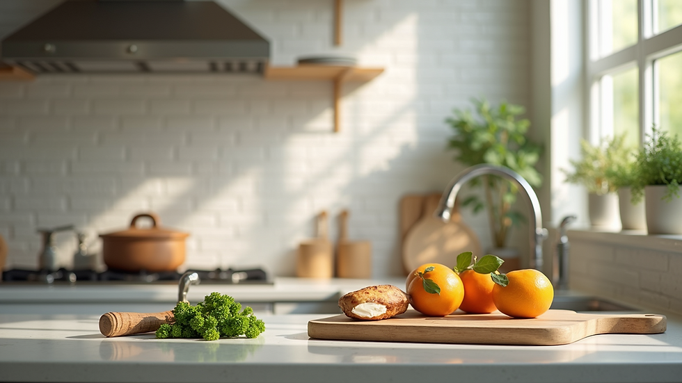 High angle view of a clean kitchen with natural ingredients