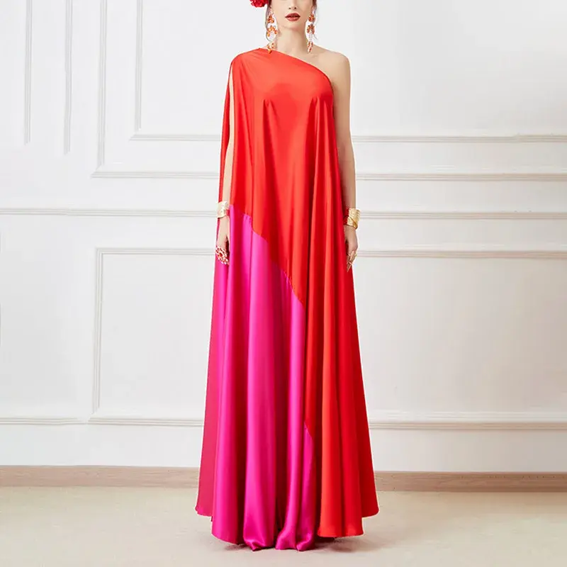 Thumbnail: Patchwork Red Loose Long Dress