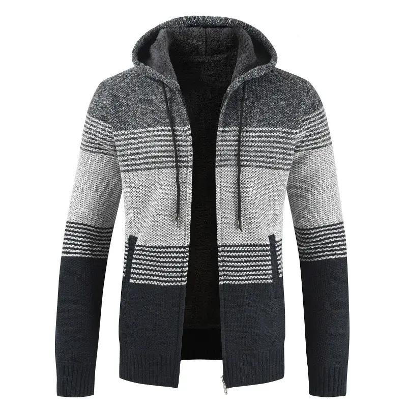 Thumbnail: Winter Thick Warm Hooded  Striped Wool Liner Zipper Fleece Coats