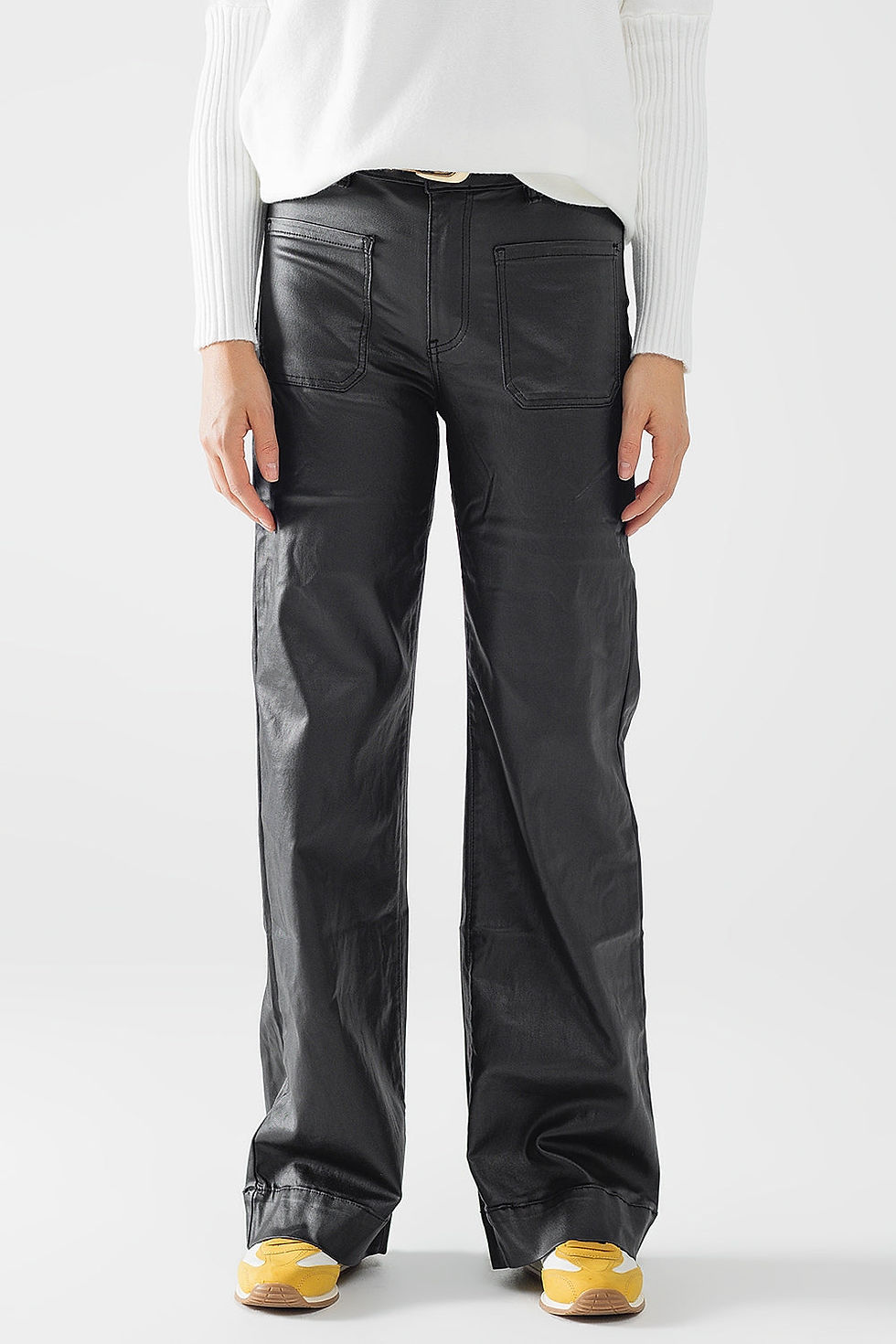 Thumbnail: Faux Leather Pants With Wide Leg and Pocket Detail