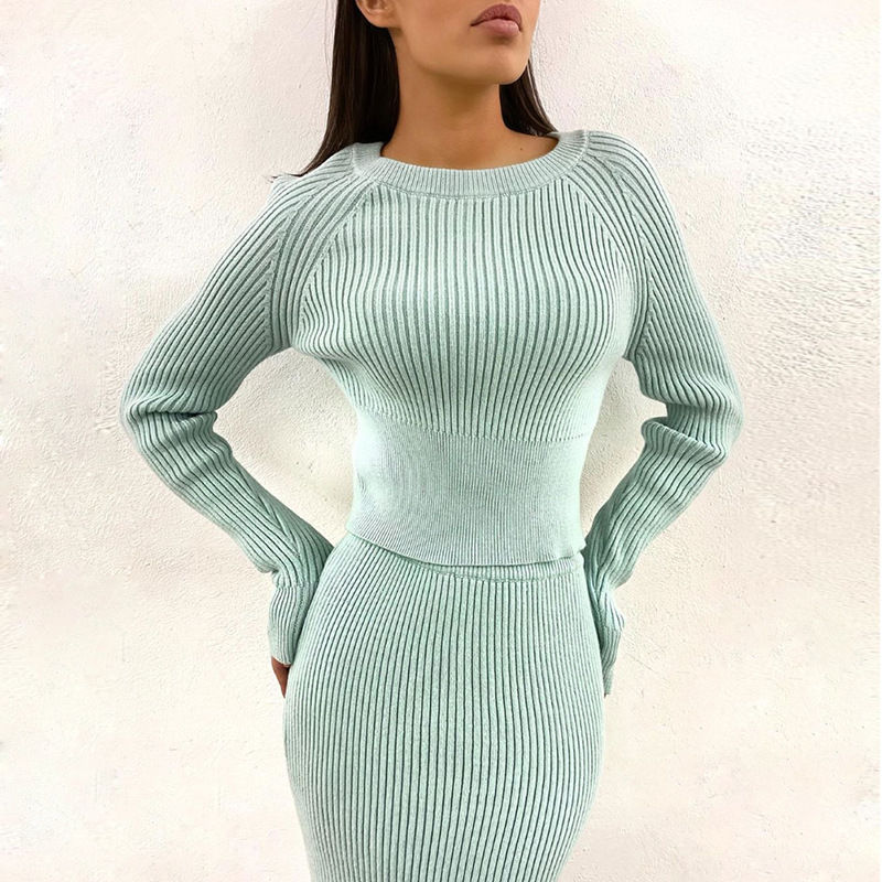 Thumbnail: Bodycon Knit Ribbed Sweater Two Piece Skirt Set