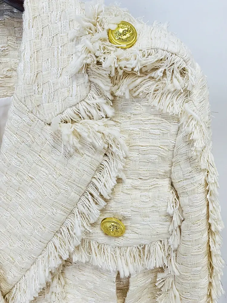 Thumbnail: HIGH STREET Newest Fashion Designer Women's Tassel Fringed Tweed Trimmed Jacket