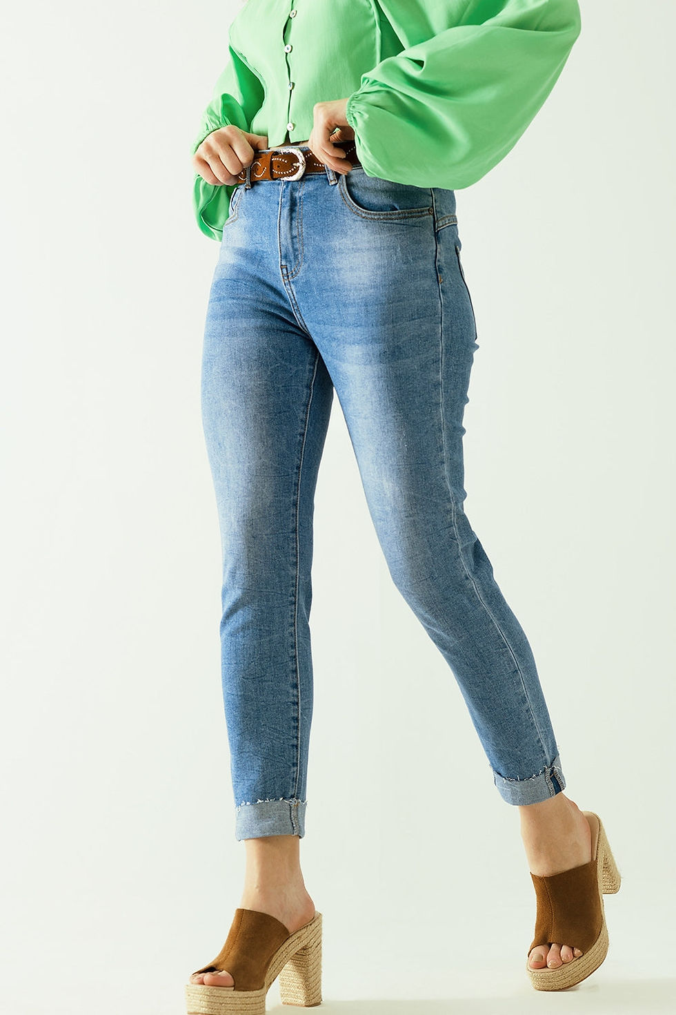 Thumbnail: Washed Effect Push-Up Jeans With Five Pockets and Hem