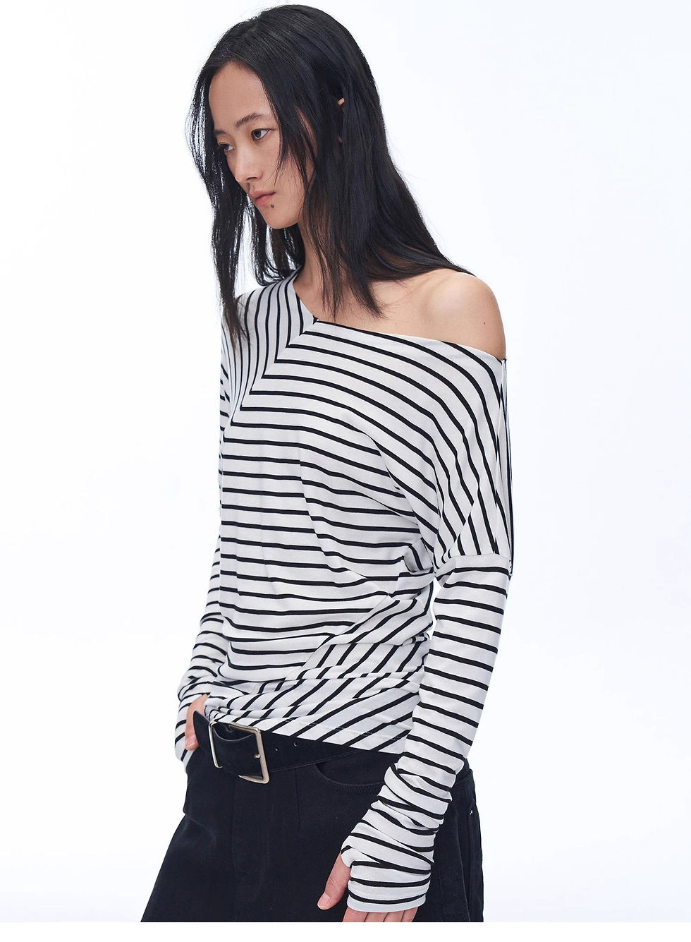 Thumbnail: Off-Shoulder Draped Patchwork Striped T-Shirt"Picasso Lines"