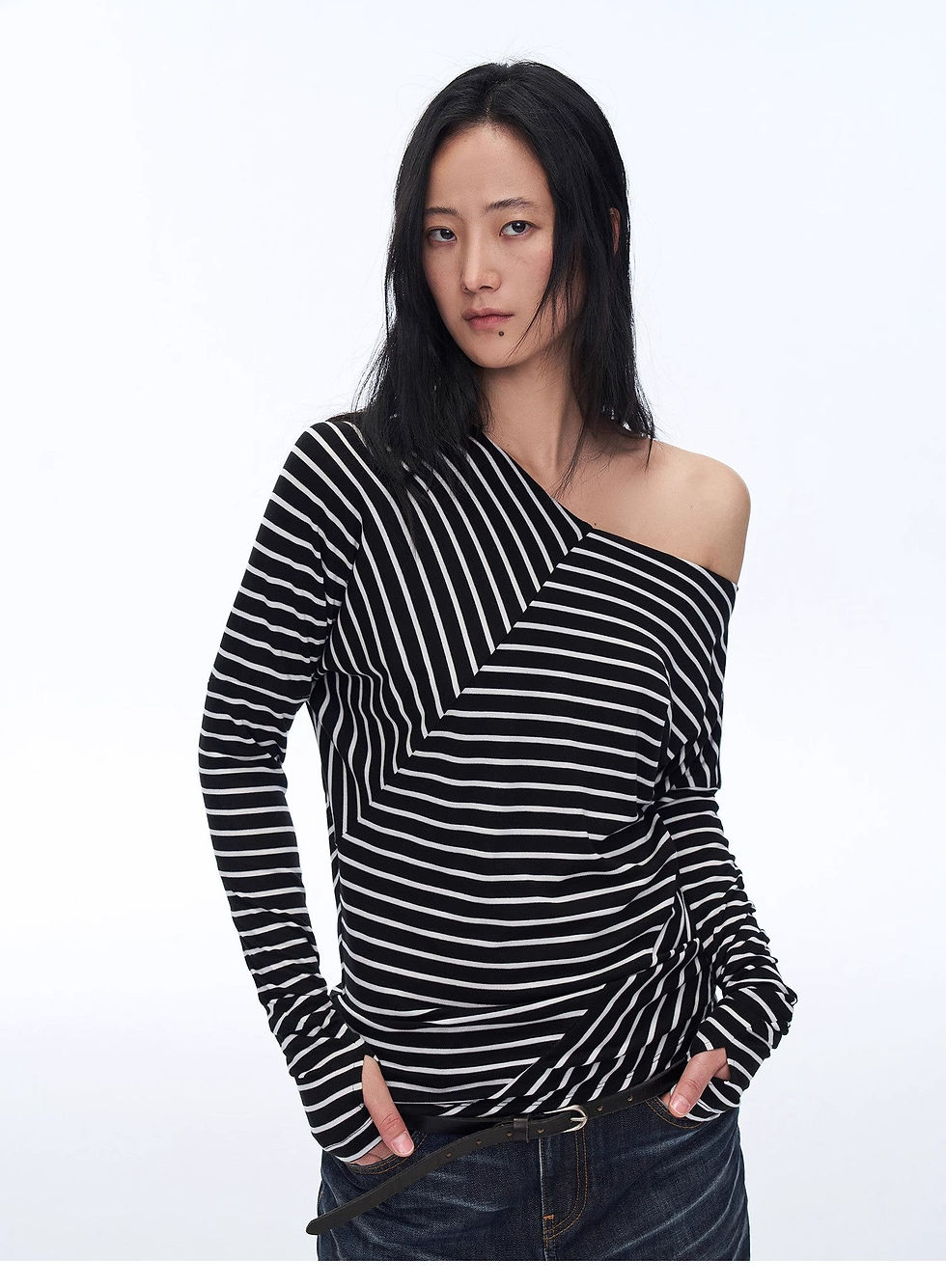 Thumbnail: Off-Shoulder Draped Patchwork Striped T-Shirt"Picasso Lines"