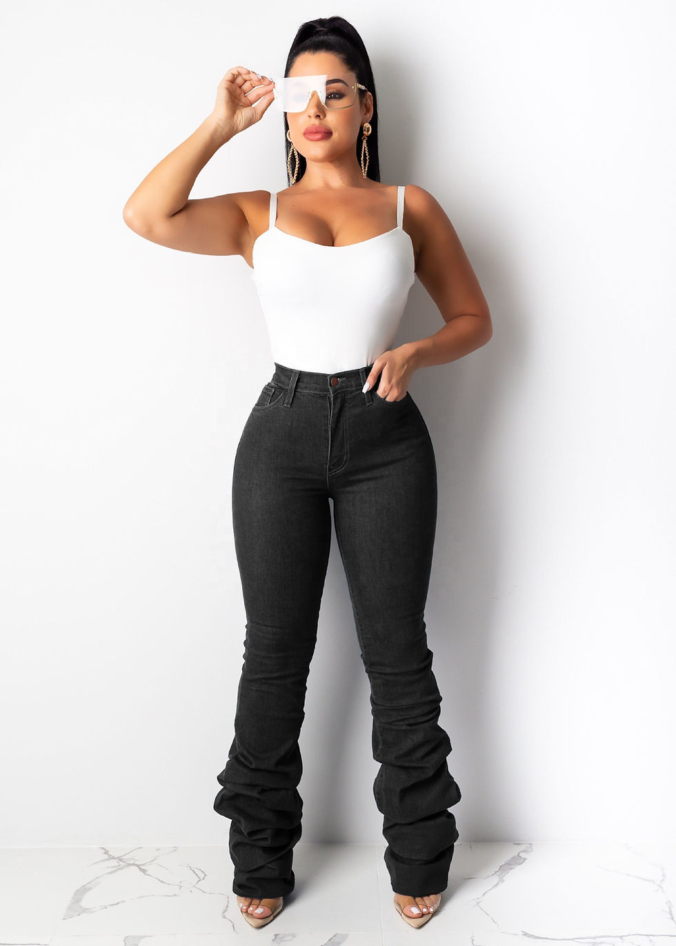 Thumbnail: Stacked Long Denim High Waist Slim Fit Jeans
