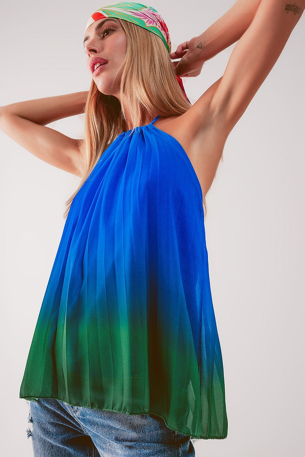 Thumbnail: High Neck Pleat Top in Blue Ombre