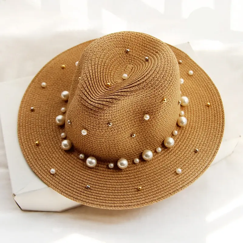 Miniatura: New Summer British Pearl Beading Flat Brimmed Straw Hat Shading Sun