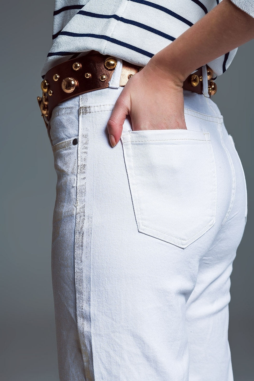 Thumbnail: White Wide Leg Jeans With Metallic Finish in Gold