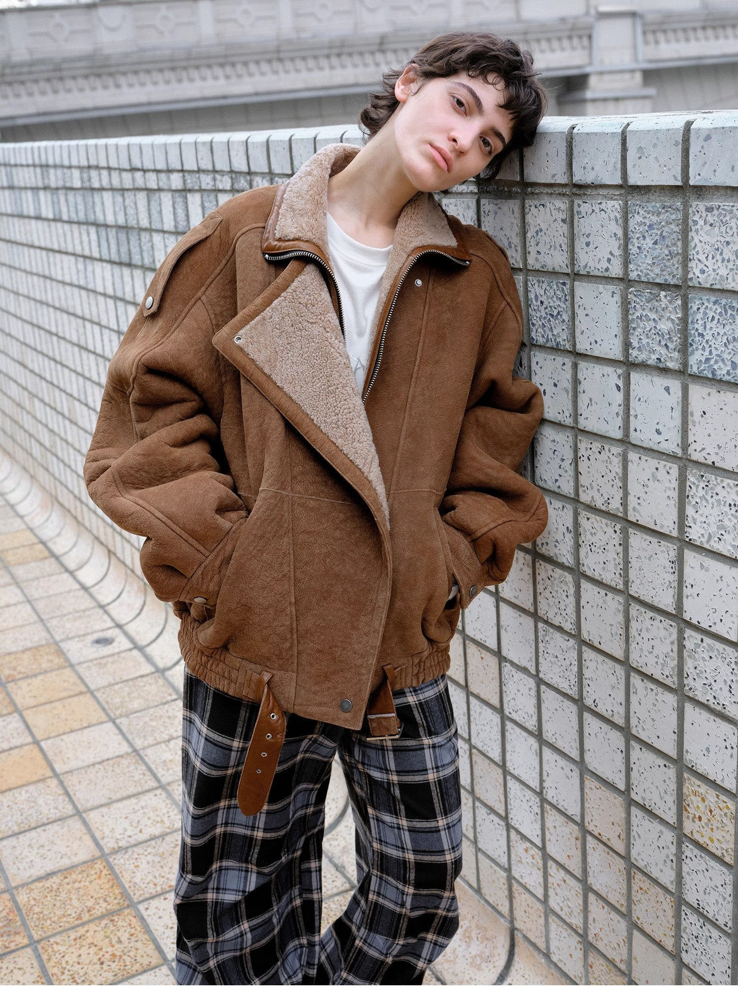 Damen-Shearling-Mantel – Motorradjacke aus Merinowolle