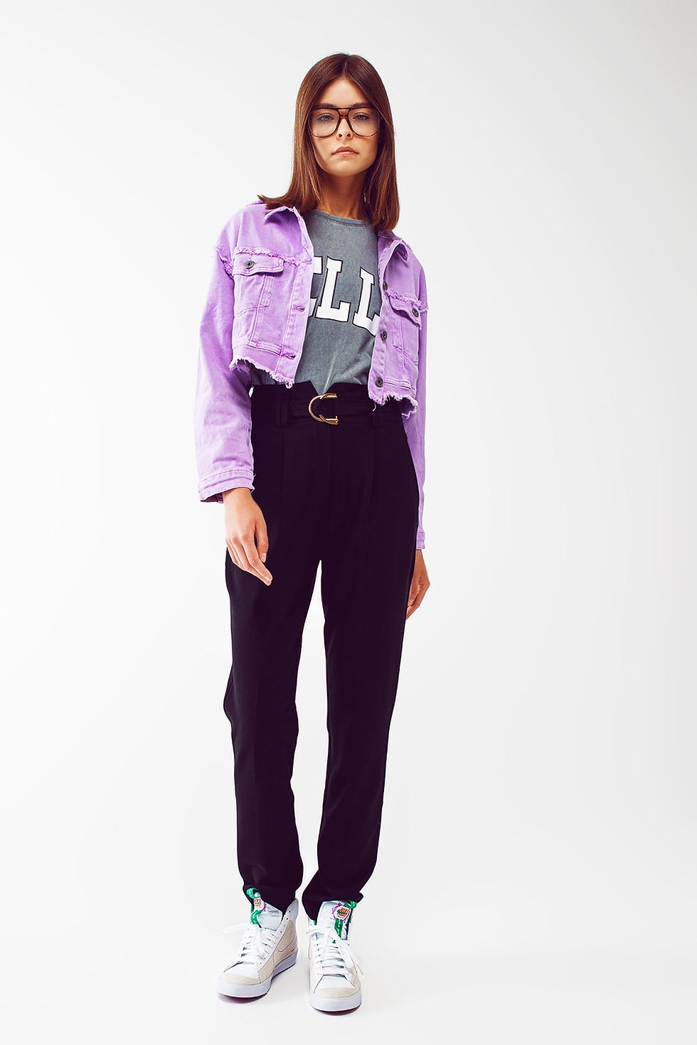 Thumbnail: Cropped Denim Trucker Jacket in Purple