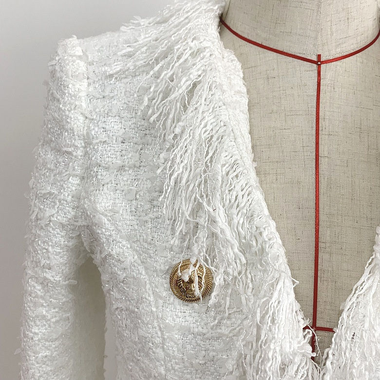 Thumbnail: New Arrival White Tweed Blazer Coat & Skirt Suit w/ Tassel Fringes