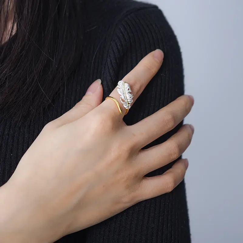 Thumbnail: Luxury “Vintage Long Goose Feather” 18K Gold -Plated Sterling Silver Ring