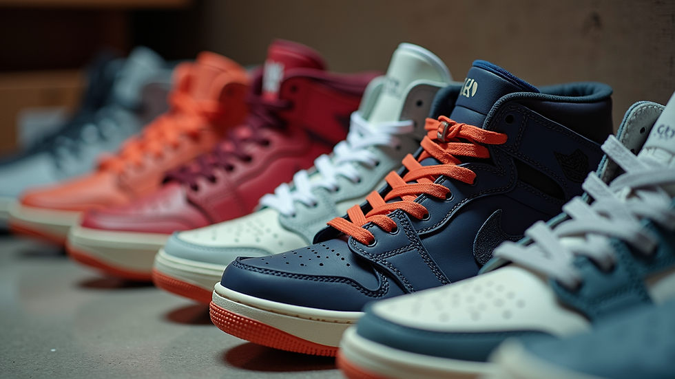 Close-up view of a sneaker collection with various limited-edition designs