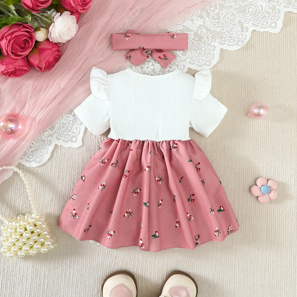 Thumbnail: 2Pcs/Set Baby Girl Dress Small Floral Dress+Headband Set for 0-24 Months