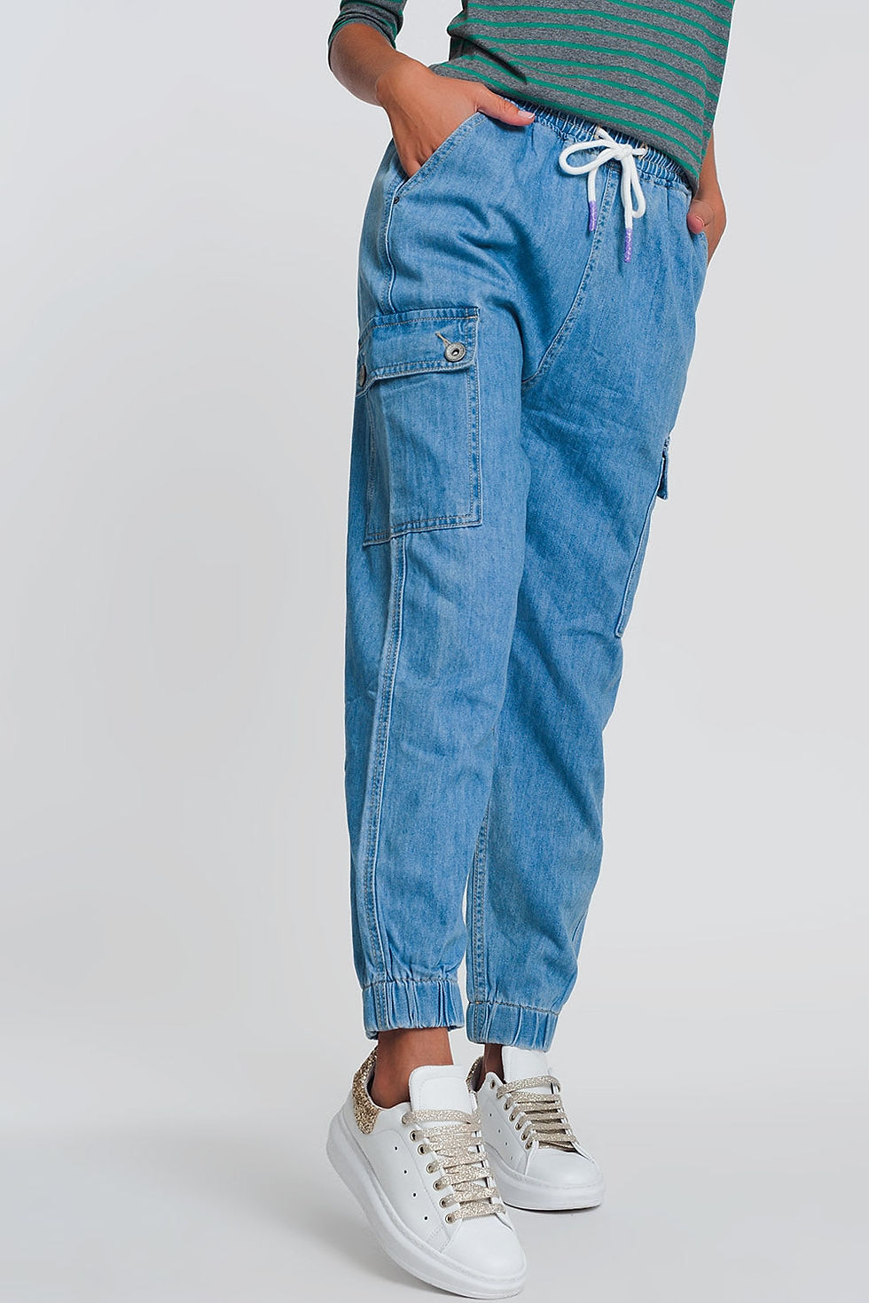 Thumbnail: Women's Light Wash Denim Jogger Pants With Pockets