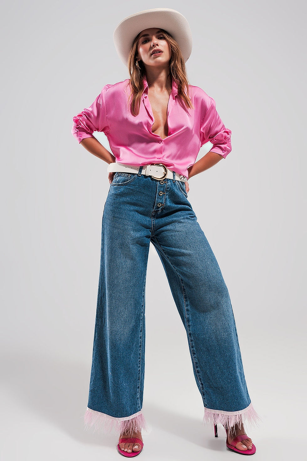 Thumbnail: Straight Leg Jeans With PINK Faux Feather Hem
