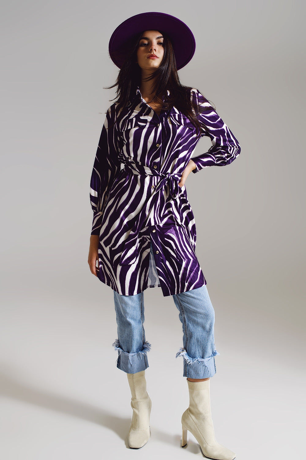 Midi Short Dress With Zebra Print in White and Purple