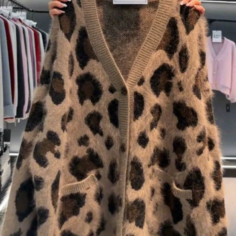 Thumbnail: Leopard Print Thick Warm Coat Loose Lazy Knitted Cardigan Sweater