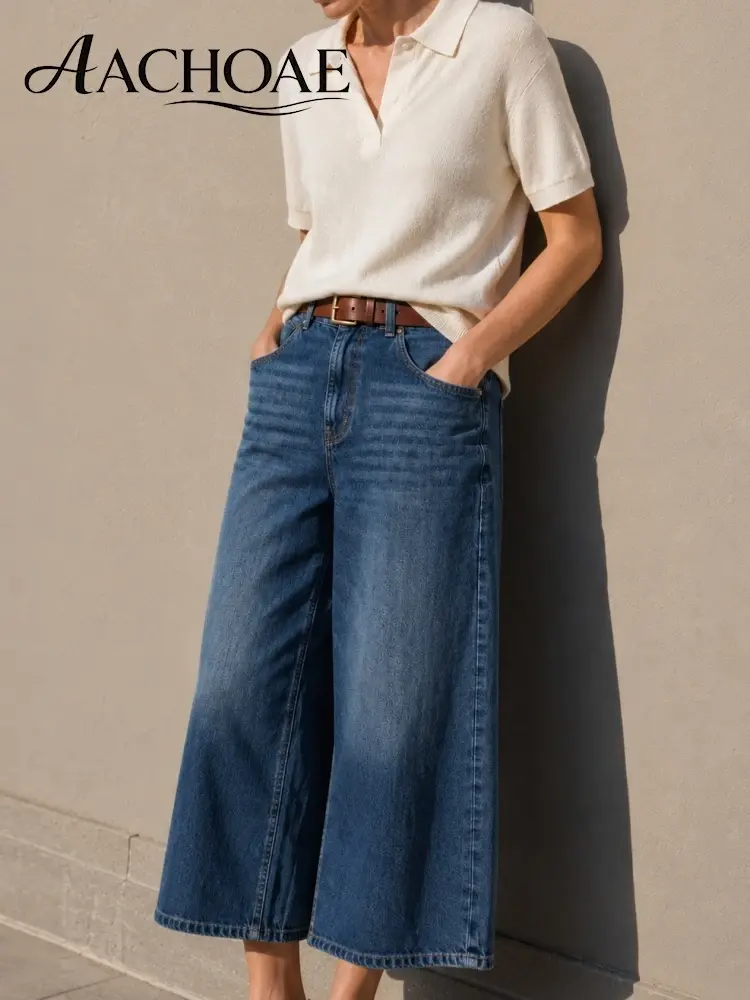 Thumbnail: Women Wide Leg Cotton Denim  High Waist Cropped Jeans