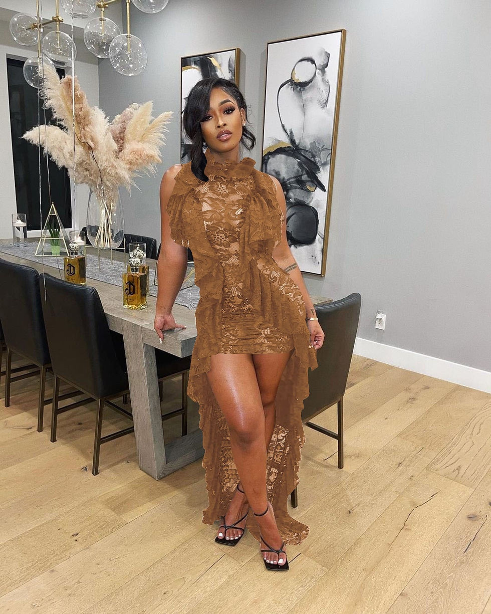 Thumbnail: Sleeveless Ruffle Bodycon Lace Dresses