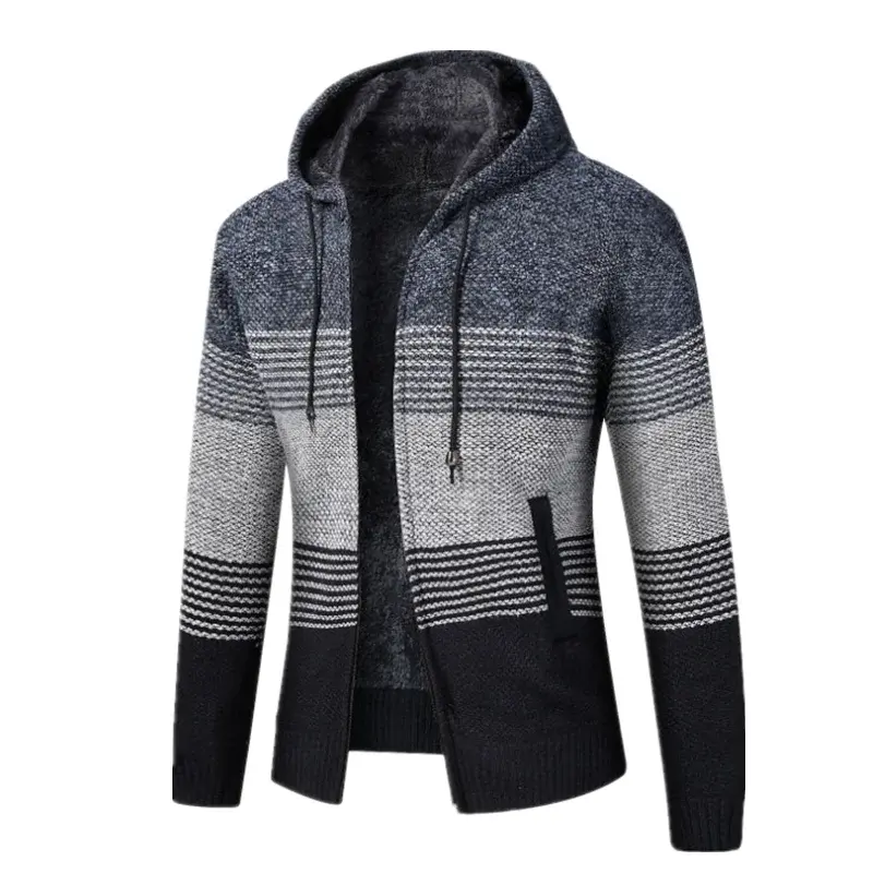 Thumbnail: Winter Thick Warm Hooded  Striped Wool Liner Zipper Fleece Coats