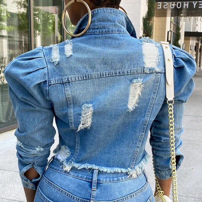 Thumbnail: Puff Sleeve Denim Crop Jacket