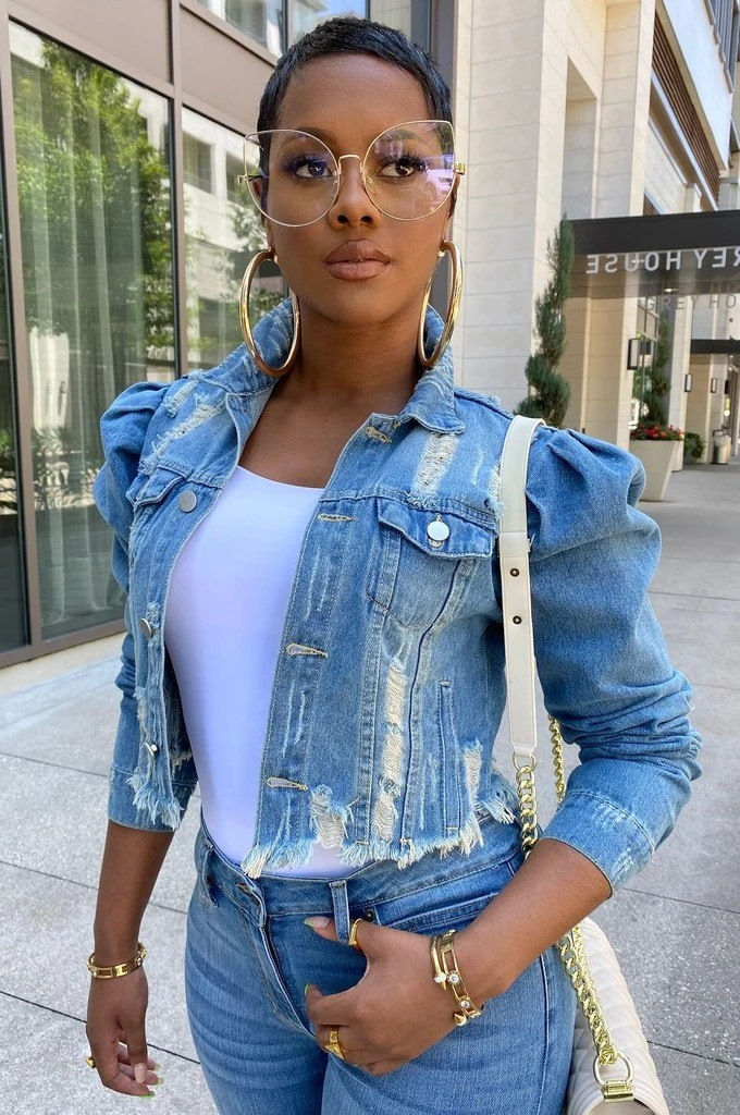 Thumbnail: Puff Sleeve Denim Crop Jacket