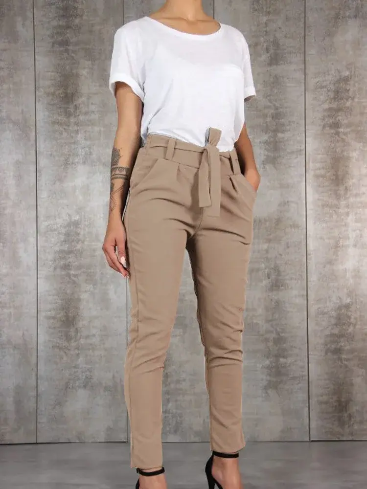 Thumbnail: Women Pencil Pants Spring Autumn High Waist Pocket Slim Solid Trousers ARJ-K03