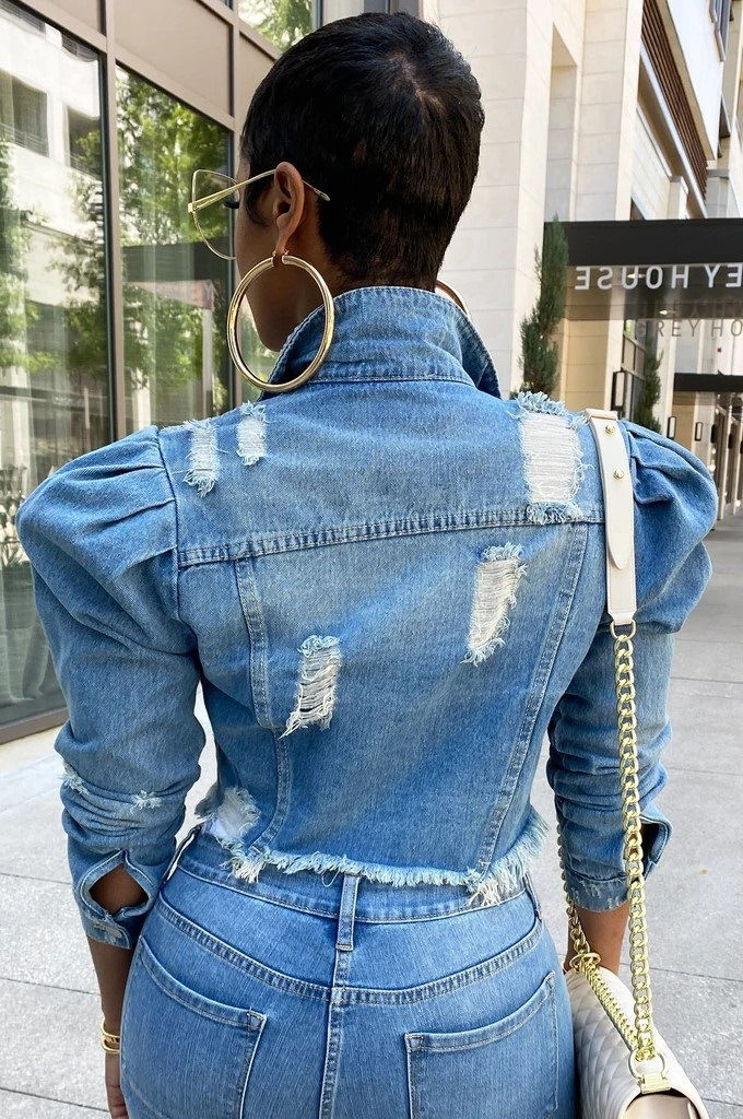Thumbnail: Puff Sleeve Denim Crop Jacket