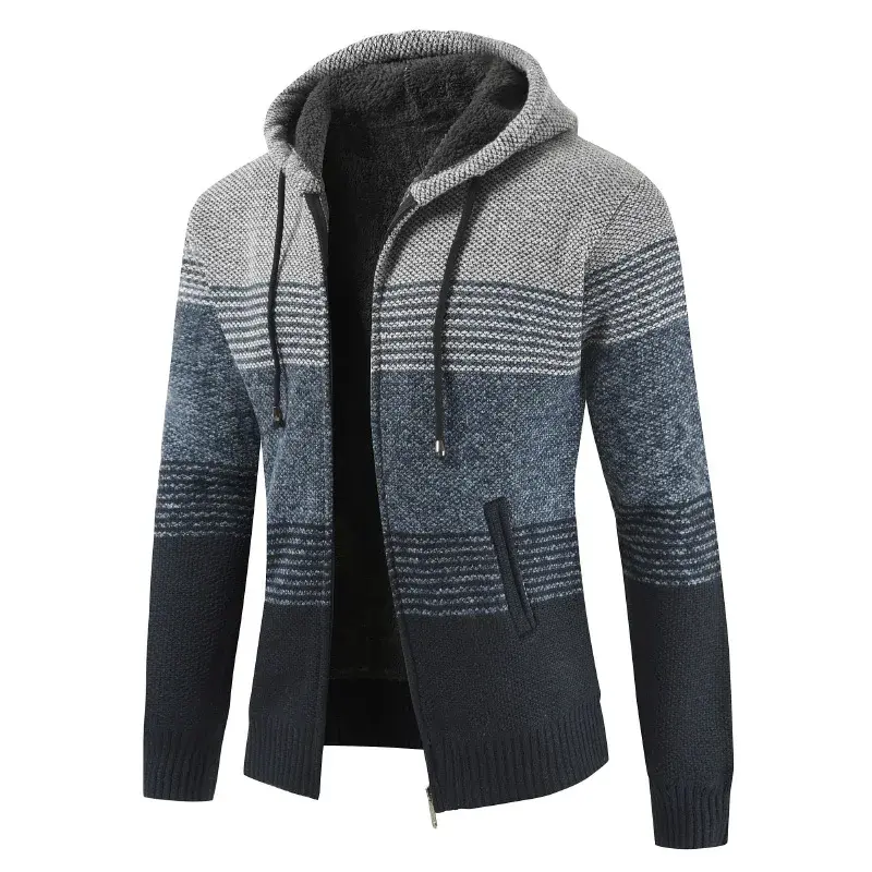 Thumbnail: Winter Thick Warm Hooded  Striped Wool Liner Zipper Fleece Coats