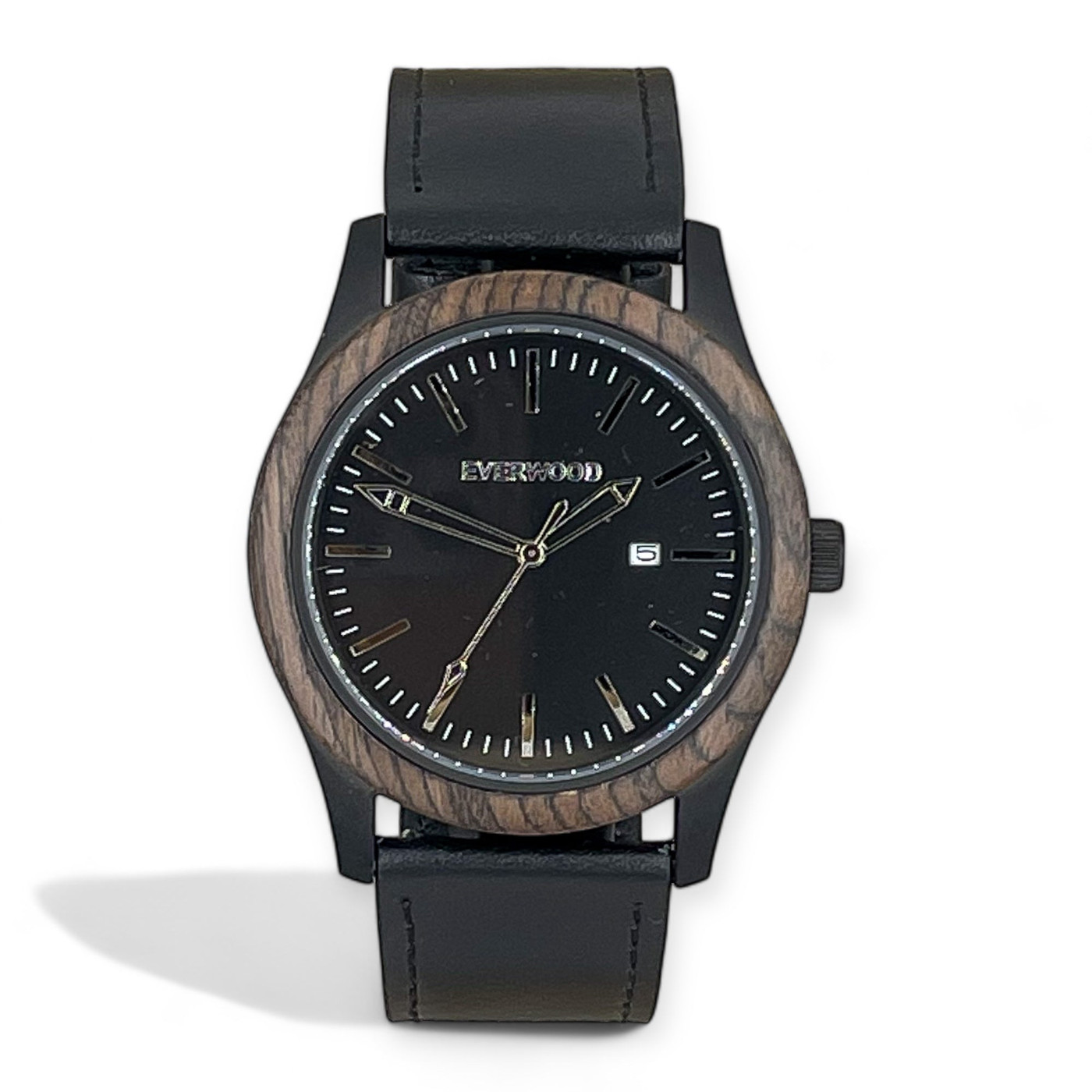 Inverness watch featuring a walnut bezel and genuine black leather strap with Japanese movement.