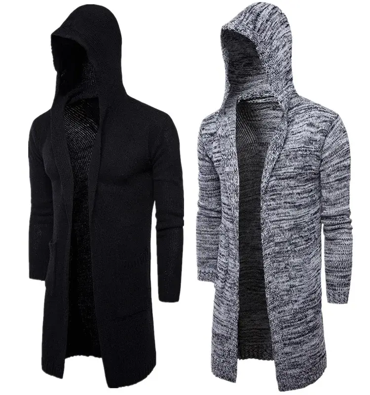 Thumbnail: Men's Long Length Knitted Cardigan Hooded Sweater