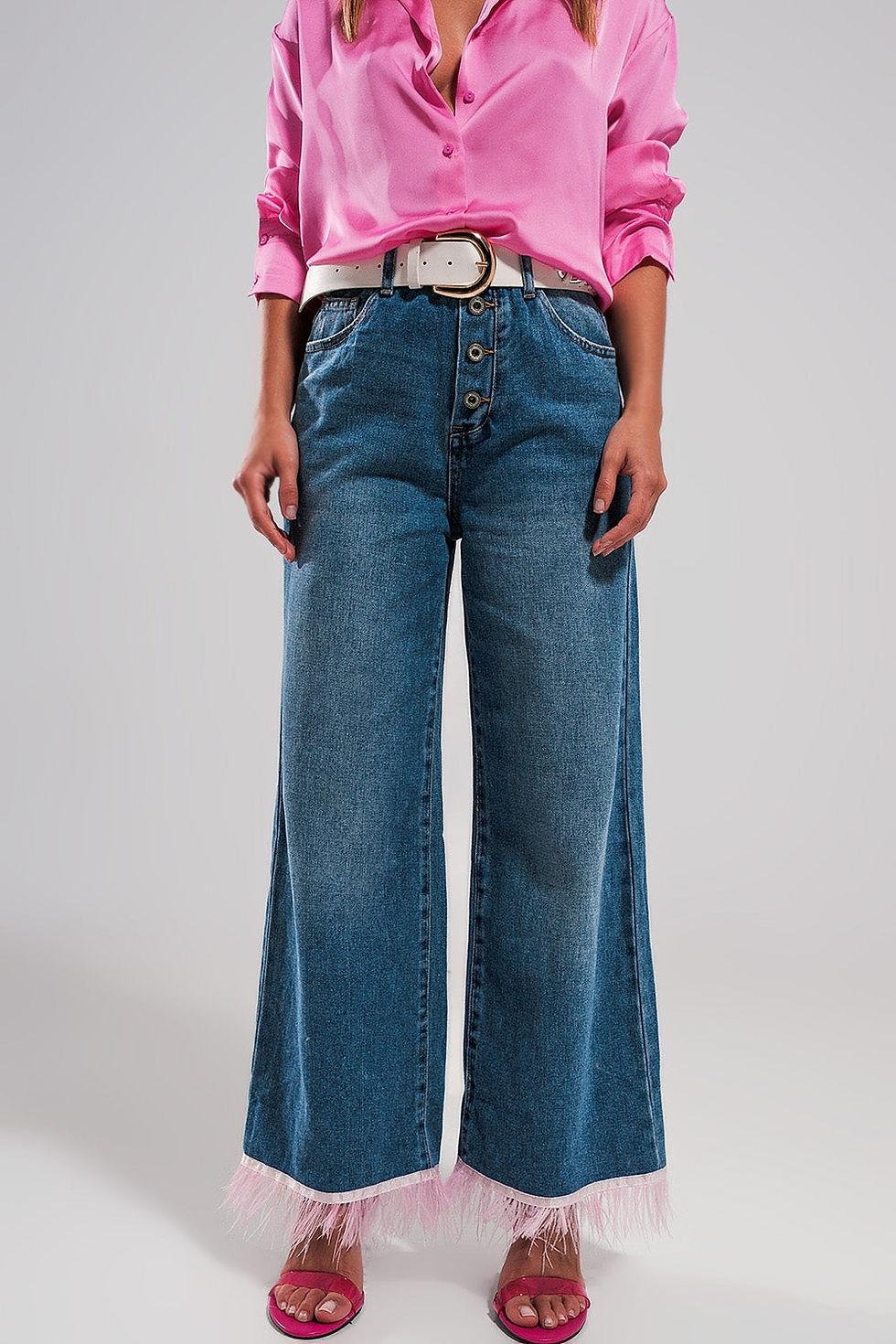 Thumbnail: Straight Leg Jeans With PINK Faux Feather Hem